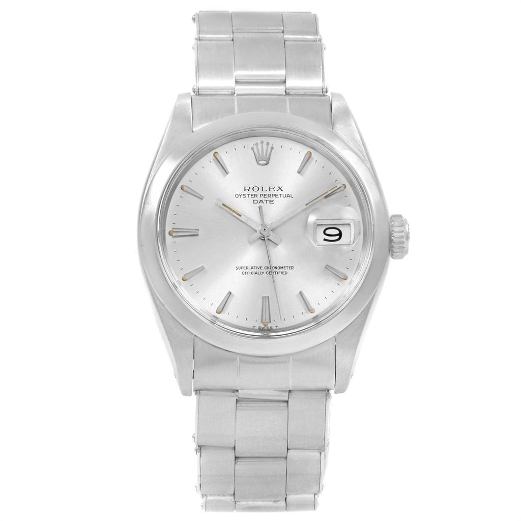 The image shows a Rolex Vintage Collection 1500 Men's Stainless Steel Silver Dial 1500 Men's Stainless Steel Silver Dial watch, featuring the dial, bezel, bracelet, and crown from a front angle.