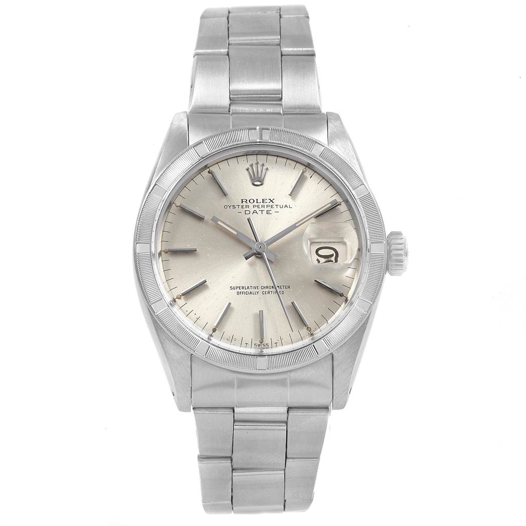 This image shows a front view of the Rolex Vintage Collection 1501 Men's Stainless Steel Silver Dial 1501 Men's Stainless Steel Silver Dial watch, including its bracelet, dial, bezel, and crown.