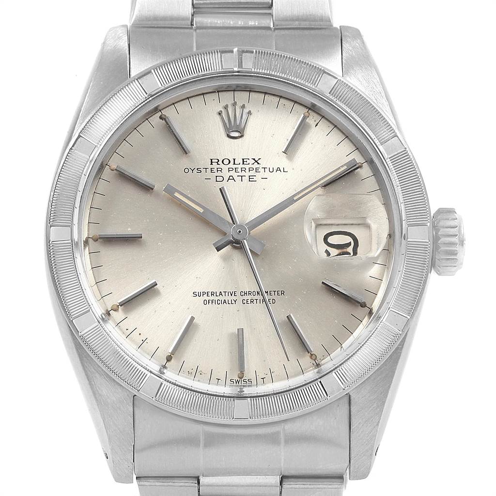 The image shows a front view of a Rolex Vintage Collection 1501 Men's Stainless Steel Silver Dial 1501 Men's Stainless Steel Silver Dial Oyster Perpetual Date watch, highlighting the dial, hands, and bezel.