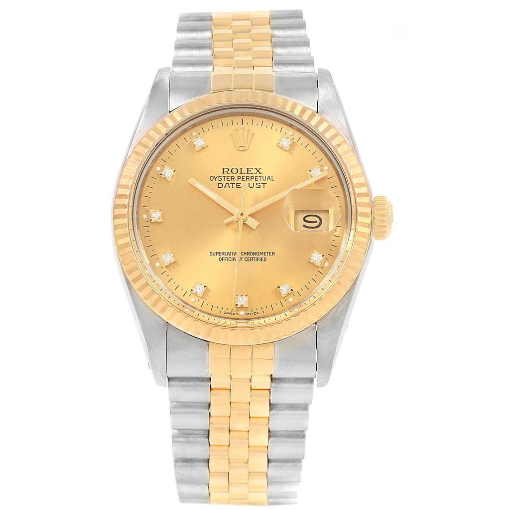 The image shows a frontal view of the Rolex Vintage Collection 16013 Men's Stainless Steel Champagne Dial 16013 Men's Stainless Steel Champagne Dial watch with a gold dial, two-tone bracelet, and date display.