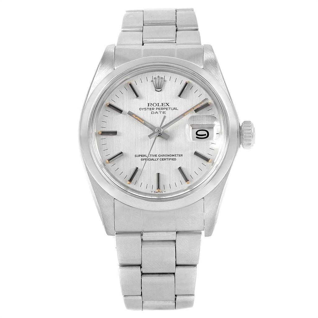 This is a front view showing the face, case, and bracelet of the Rolex Vintage Collection 1500 Men's Stainless Steel Silver Dial 1500 Men's Stainless Steel Silver Dial watch model.