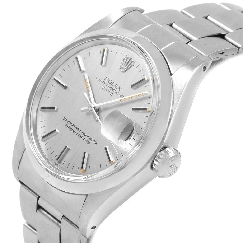 The image shows a side angle of a Rolex Vintage Collection 1500 Men's Stainless Steel Silver Dial 1500 Men's Stainless Steel Silver Dial watch, highlighting the face, crown, and stainless steel bracelet.