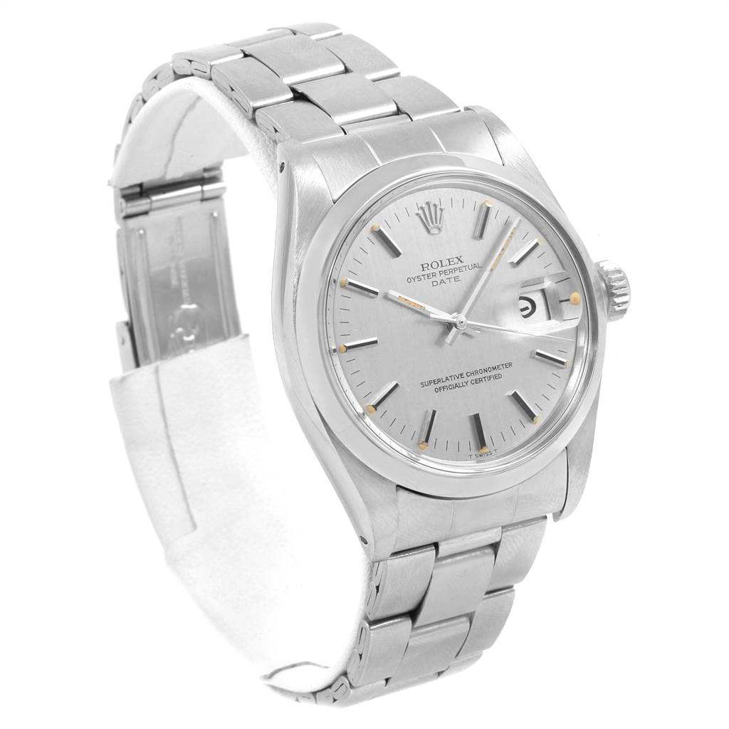 The image shows a Rolex Vintage Collection 1500 Men's Stainless Steel Silver Dial 1500 Men's Stainless Steel Silver Dial watch at a slight angle, highlighting its silver dial, bezel, and metal bracelet.