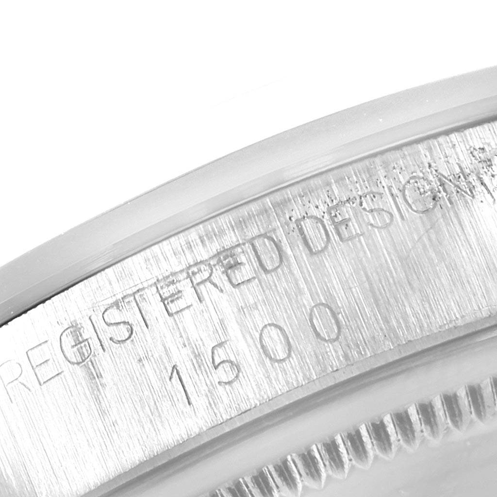 The image shows a close-up of the side case with engraved text on the Rolex Vintage Collection 1500 Men's Stainless Steel Silver Dial 1500 Men's Stainless Steel Silver Dial model, displaying the serial number "1500".