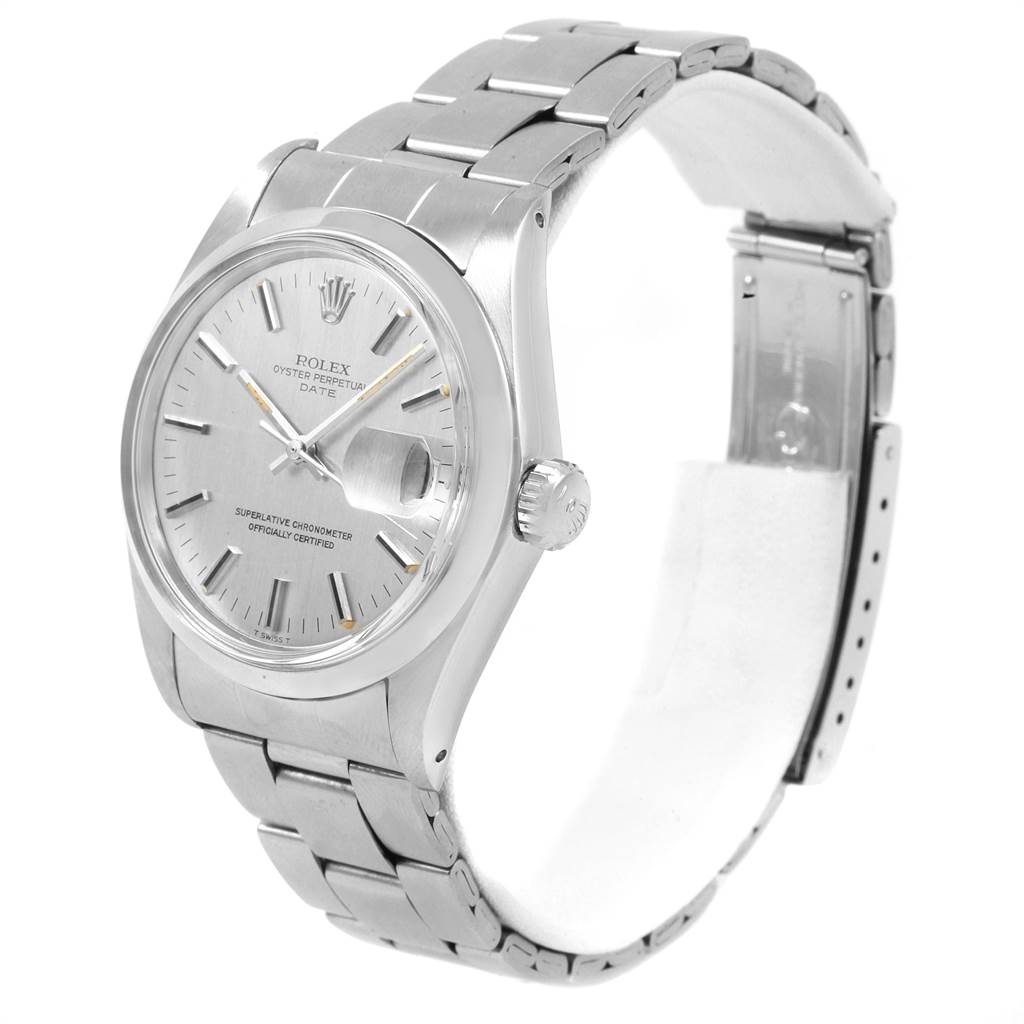 This image shows a Rolex Vintage Collection 1500 Men's Stainless Steel Silver Dial 1500 Men's Stainless Steel Silver Dial watch at a three-quarter angle, highlighting the face, crown, and part of the bracelet.