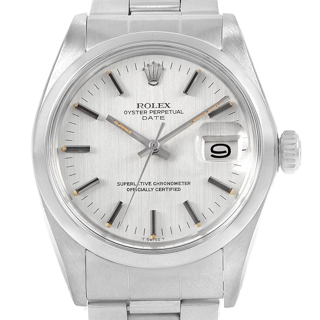 The image shows a front-facing view of the Rolex Vintage Collection 1500 Men's Stainless Steel Silver Dial 1500 Men's Stainless Steel Silver Dial model watch, highlighting its dial, crown, and bracelet.