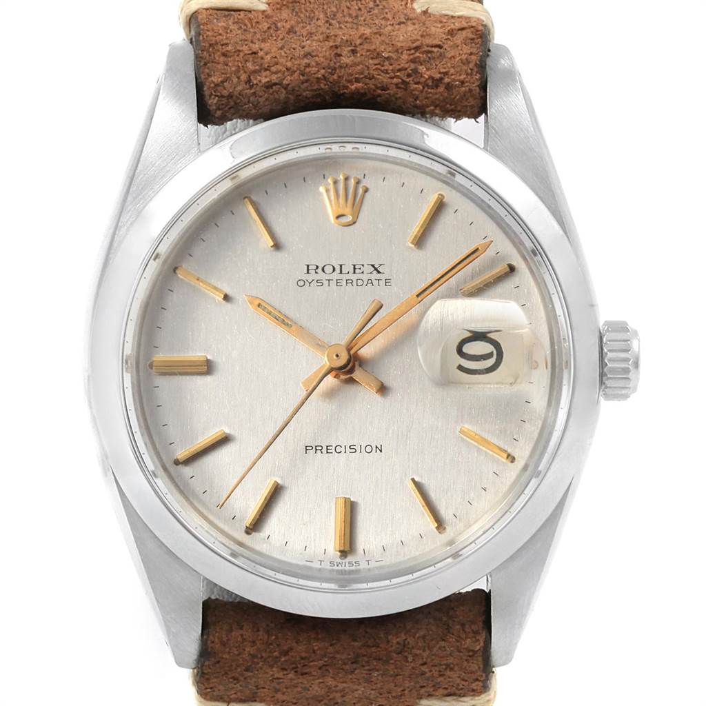 The image shows a front view of a Rolex Vintage Collection 6694 Men's Stainless Steel Silver Dial 6694 Men's Stainless Steel Silver Dial Oysterdate watch, featuring the dial, hands, date window, and leather strap.