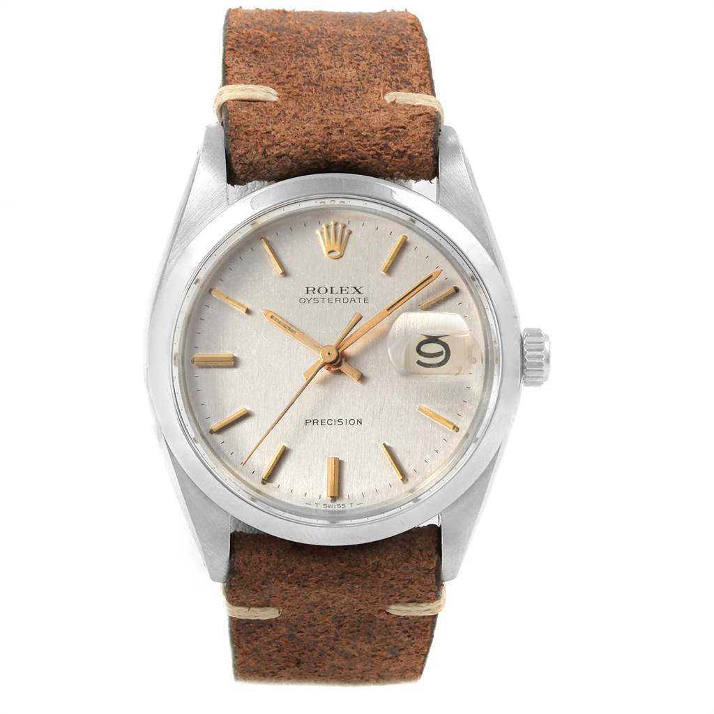 This image shows a front view of a Rolex Vintage Collection 6694 Men's Stainless Steel Silver Dial 6694 Men's Stainless Steel Silver Dial Oysterdate Precision watch, including the face, bezel, crown, and leather strap.
