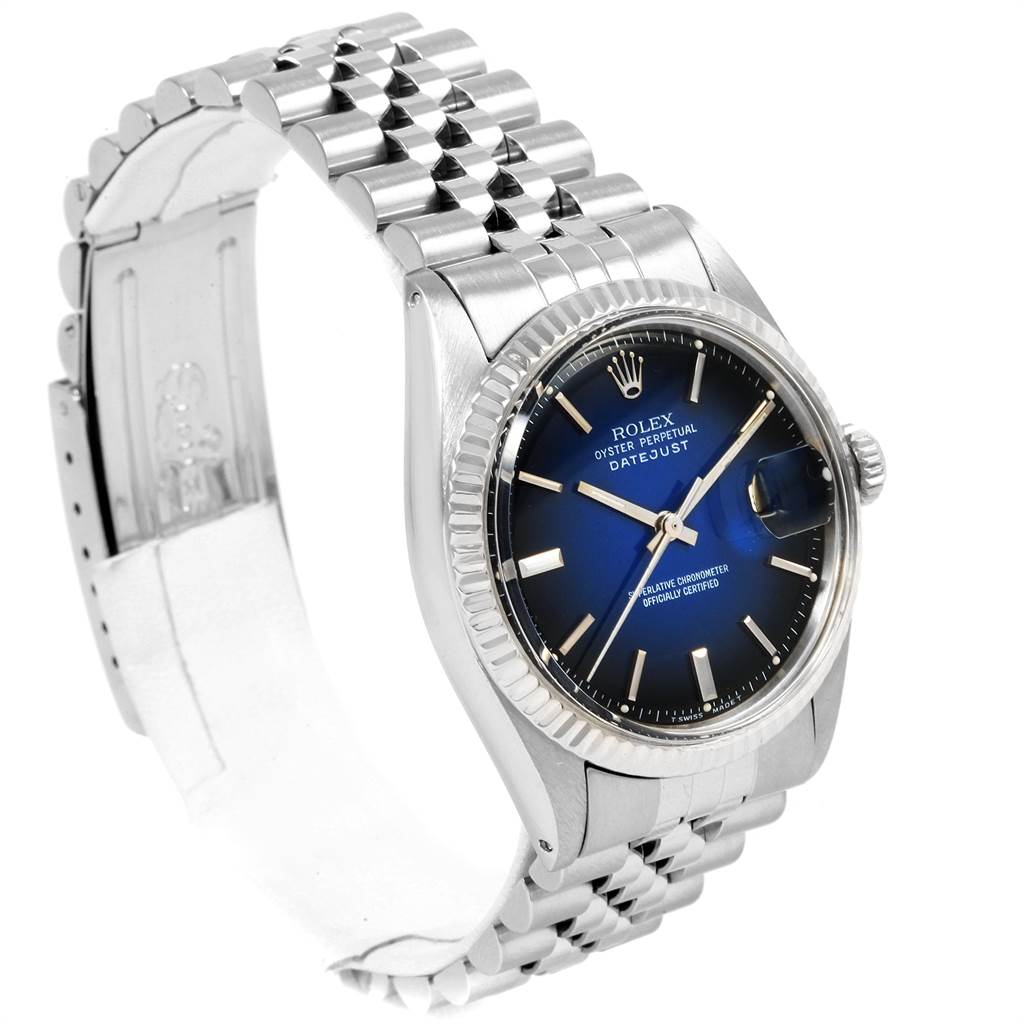 This image shows a Rolex Vintage Collection 1601 Men's Stainless Steel Blue Dial 1601 Men's Stainless Steel Blue Dial Datejust watch from a front-left angle, highlighting the dial, bezel, and bracelet.