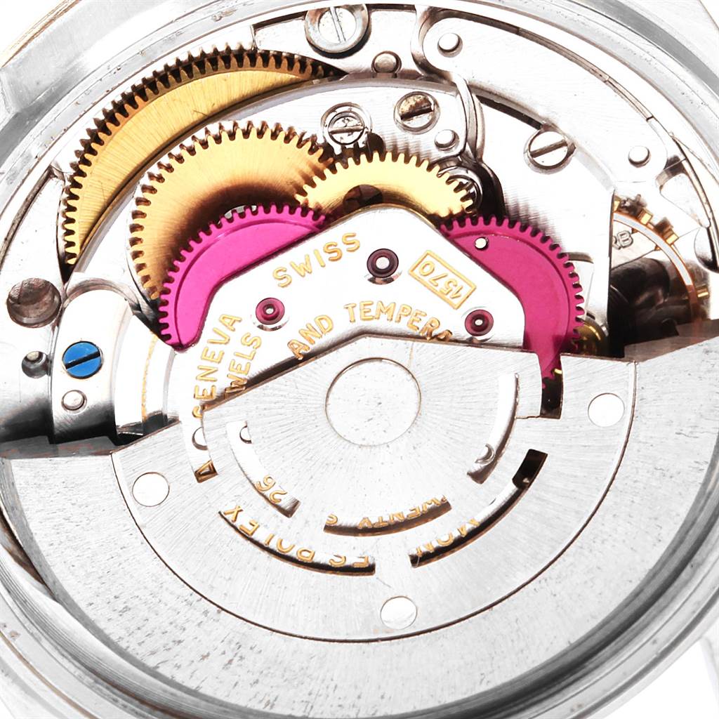 This image shows the internal mechanism of a Rolex Vintage Collection 1601 Men's Stainless Steel Blue Dial 1601 Men's Stainless Steel Blue Dial model, focusing on the gears and movement components.