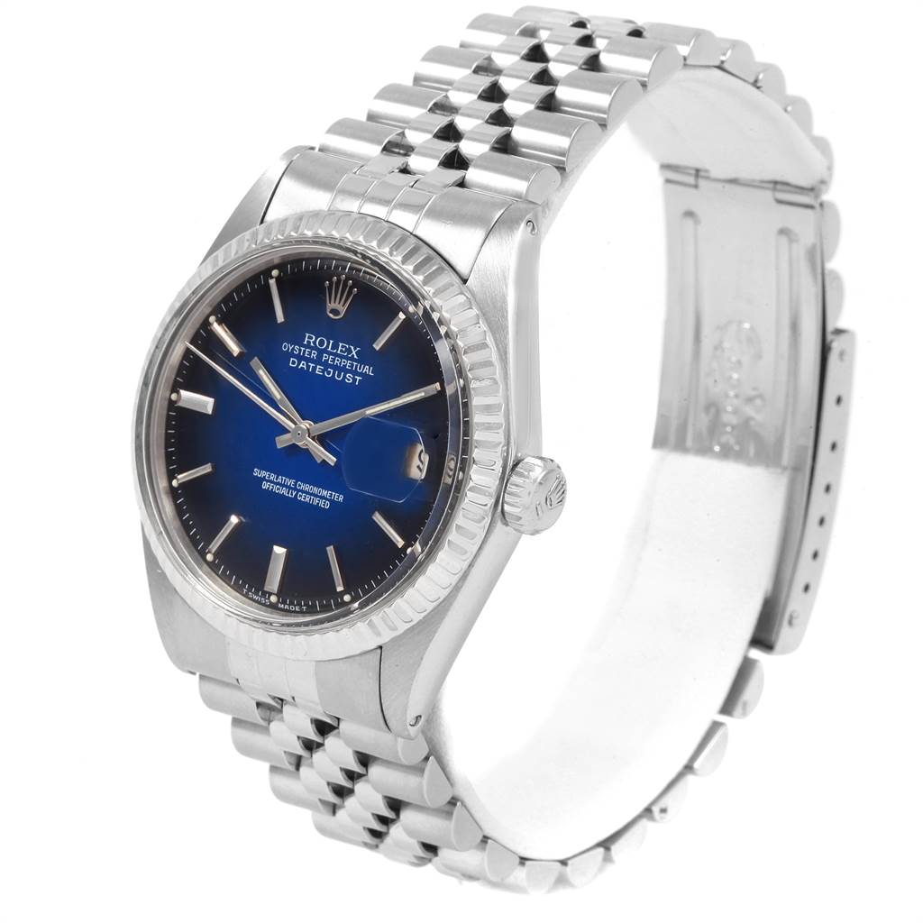 This Rolex Vintage Collection 1601 Men's Stainless Steel Blue Dial 1601 Men's Stainless Steel Blue Dial model watch is shown at a slight angle, highlighting the face, bezel, crown, and bracelet.
