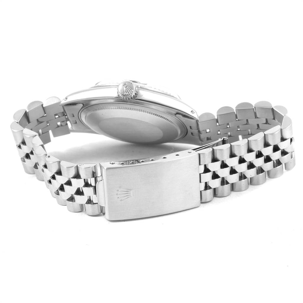 The image shows the back view of the Rolex Vintage Collection 1601 Men's Stainless Steel Blue Dial 1601 Men's Stainless Steel Blue Dial watch, highlighting its case back, crown, and bracelet clasp.