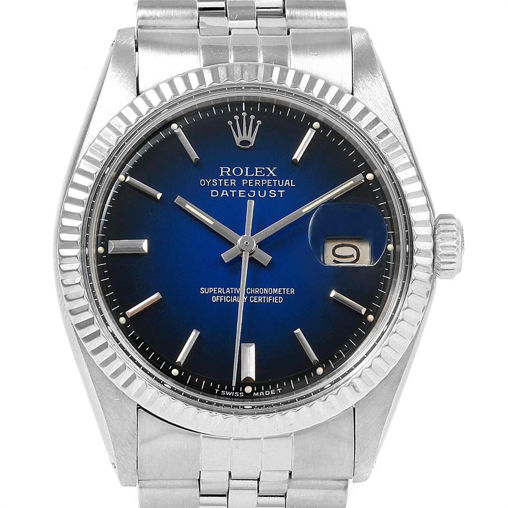 The image shows a frontal view of the Rolex Vintage Collection 1601 Men's Stainless Steel Blue Dial 1601 Men's Stainless Steel Blue Dial Datejust model, displaying the dial, case, and bracelet.