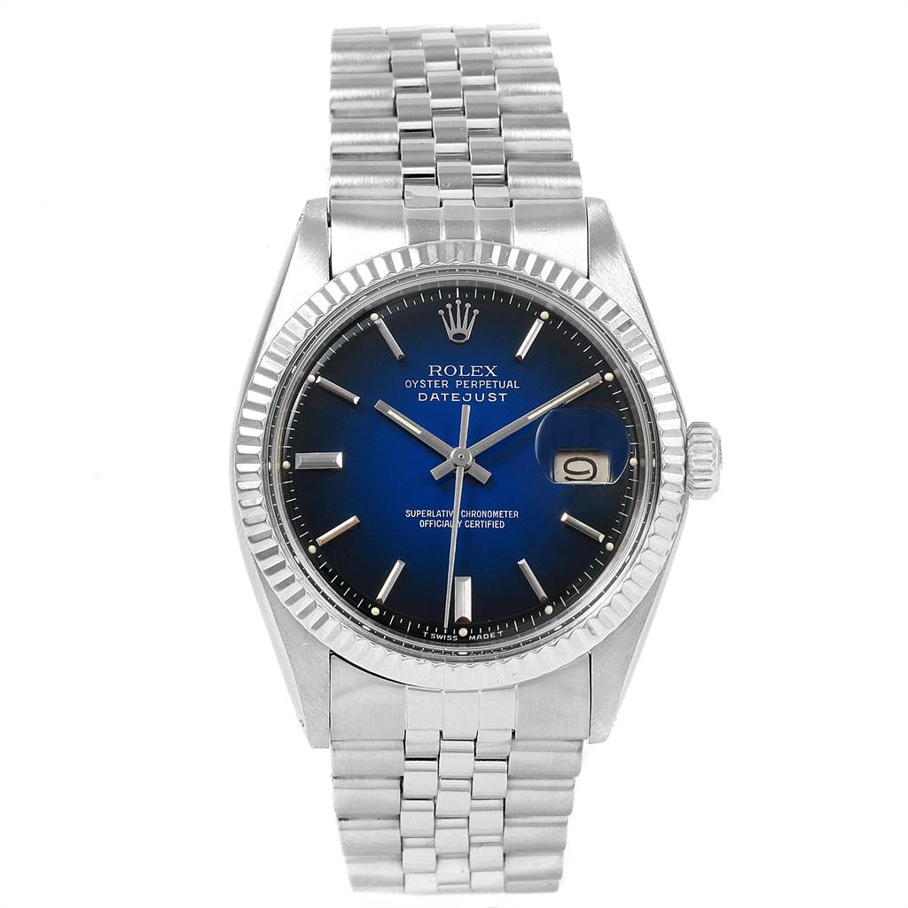 The image shows a front view of a Vintage Collection Rolex Oyster Perpetual Datejust watch, including its bracelet and dial.