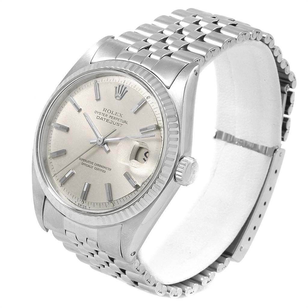The image shows a Rolex Vintage Collection 1601 Men's Stainless Steel Silver Dial 1601 Men's Stainless Steel Silver Dial Oyster Perpetual Datejust watch, angled to display the dial, bezel, crown, and bracelet.