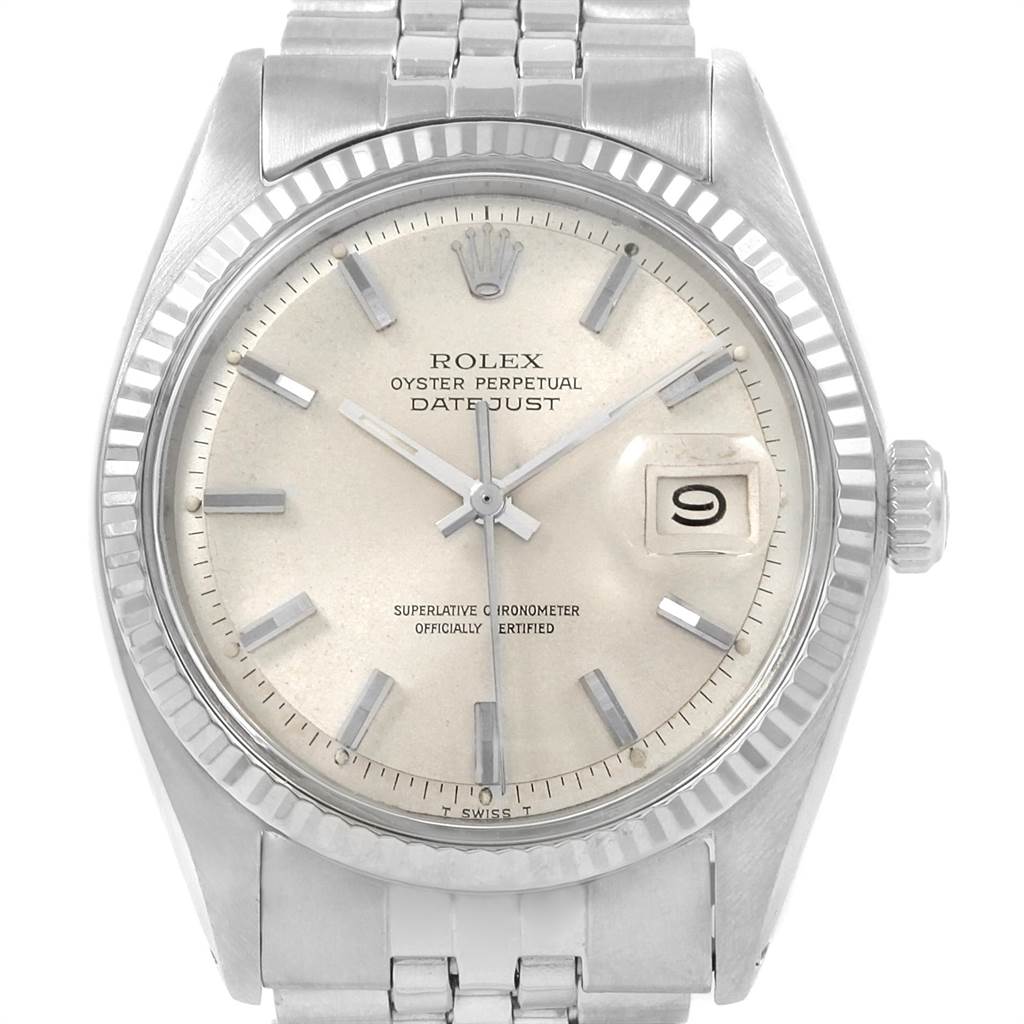 This image shows a front view of the Rolex Vintage Collection 1601 Men's Stainless Steel Silver Dial 1601 Men's Stainless Steel Silver Dial Oyster Perpetual Datejust watch, highlighting the dial, hands, date window, and bracelet.