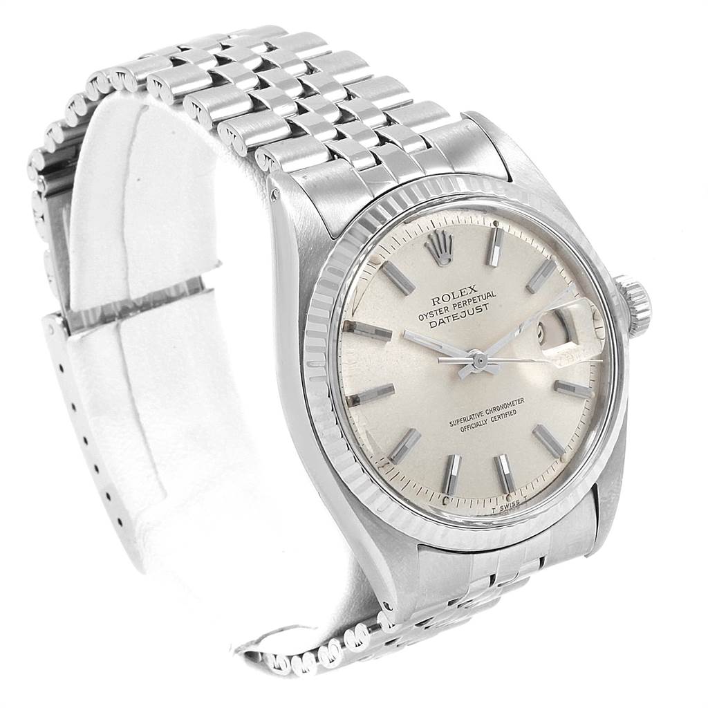 The image shows a Rolex Vintage Collection 1601 Men's Stainless Steel Silver Dial 1601 Men's Stainless Steel Silver Dial Datejust watch from a front angle, highlighting the face, bezel, and metal bracelet.