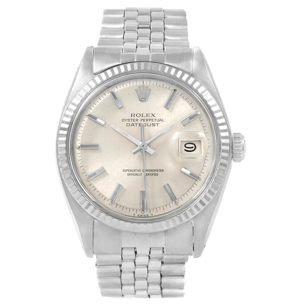 The Rolex Vintage Collection 1601 Men's Stainless Steel Silver Dial 1601 Men's Stainless Steel Silver Dial model watch is shown from the front, highlighting its face, bezel, bracelet, and date window.