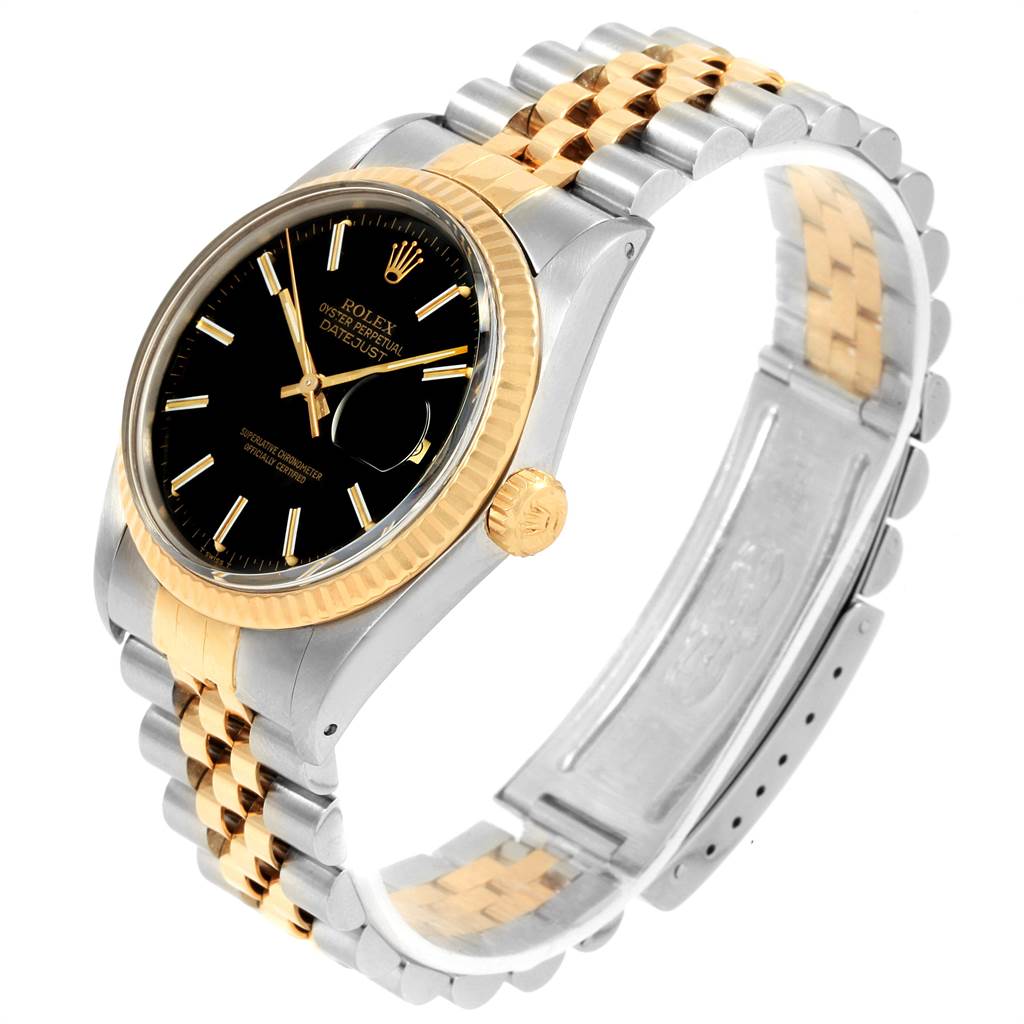 The Rolex Vintage Collection 16013 Men's Stainless Steel Black Dial 16013 Men's Stainless Steel Black Dial model is shown at an angle highlighting its face, crown, bezel, and two-tone bracelet.