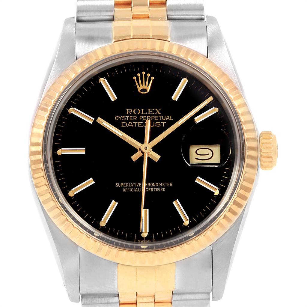 The image shows a front view of the Rolex Vintage Collection 16013 Men's Stainless Steel Black Dial 16013 Men's Stainless Steel Black Dial Datejust model, highlighting the dial, bezel, and bracelet.