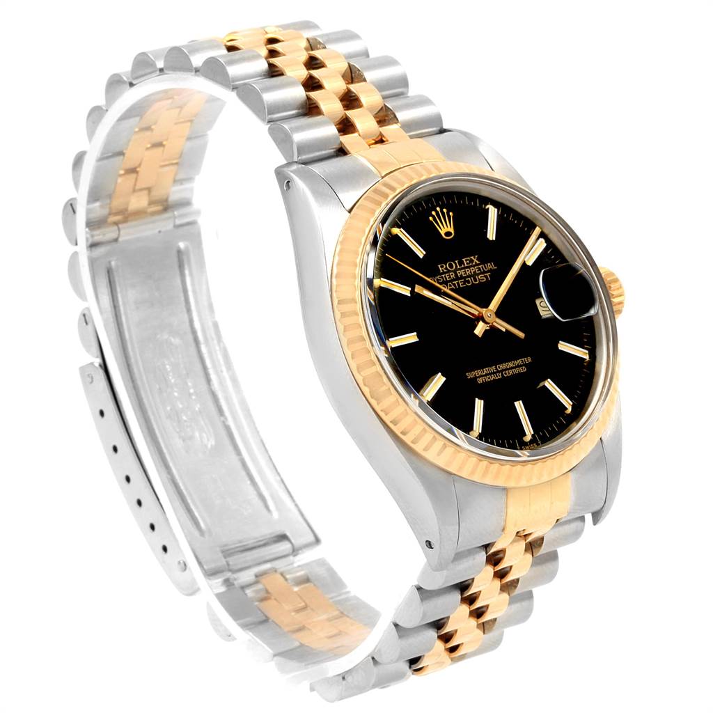 The Rolex Vintage Collection 16013 Men's Stainless Steel Black Dial 16013 Men's Stainless Steel Black Dial watch is shown at an angle showcasing the face, bezel, and part of the bracelet.