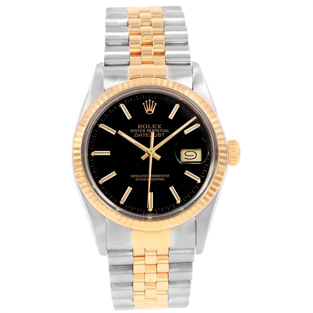 The image shows the front view of a Vintage Collection Rolex Oyster Perpetual Datejust watch with a two-tone bracelet and black dial.