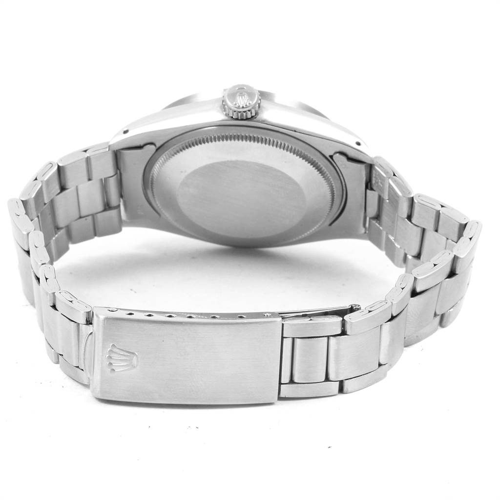 This image shows the back view of the Rolex Vintage Collection 1501 Men's Stainless Steel Black Dial 1501 Men's Stainless Steel Black Dial watch, highlighting the case back, crown, and metal bracelet with clasp.