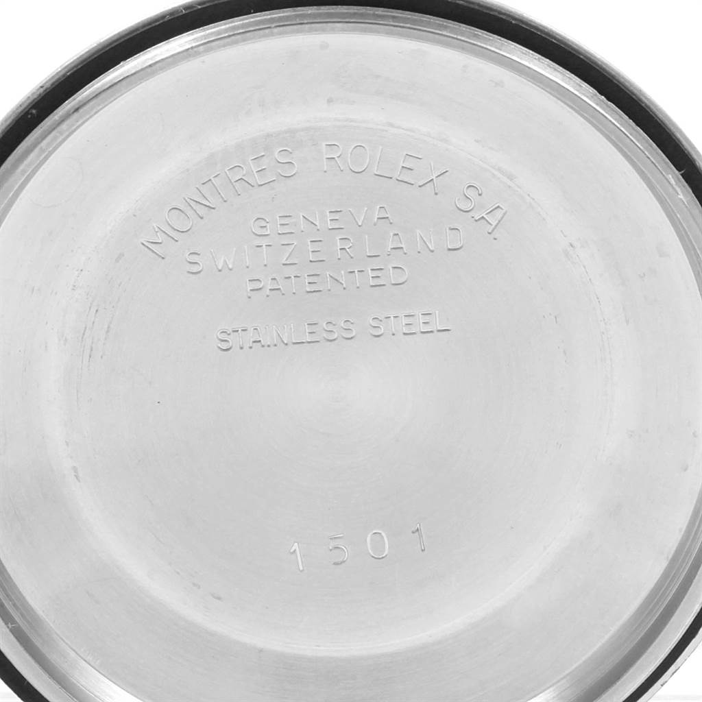 This image shows the stainless steel back cover of a Vintage Collection Rolex watch, model 1501.