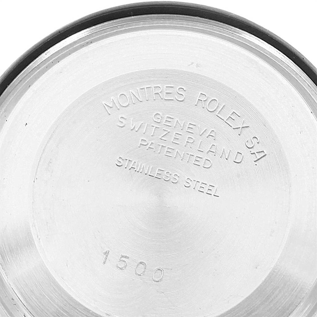The image shows the engraved interior case back of a Rolex Vintage Collection 1500 Men's Stainless Steel White Dial 1500 Men's Stainless Steel White Dial model with the number 1500.