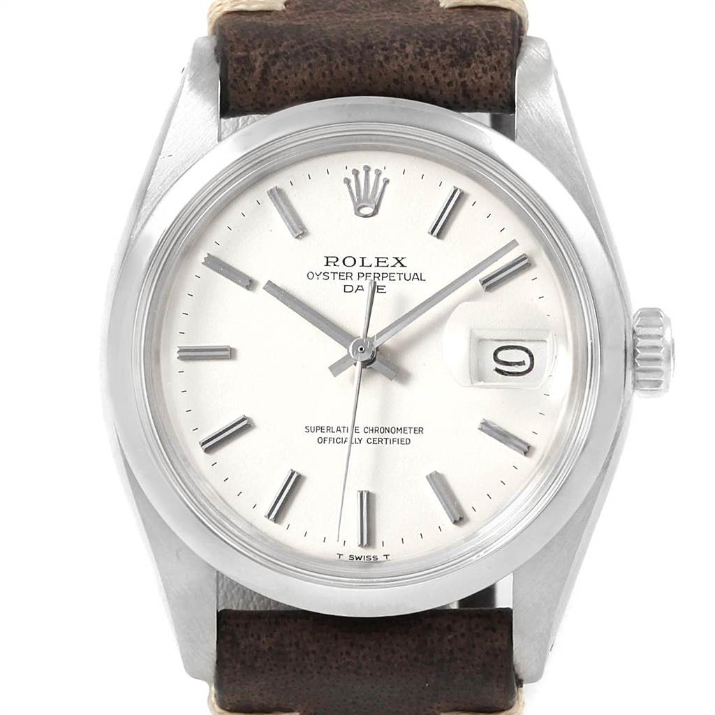 The image shows a frontal view of the Rolex Vintage Collection 1500 Men's Stainless Steel White Dial 1500 Men's Stainless Steel White Dial Oyster Perpetual Date watch, highlighting the face, bezel, and crown.