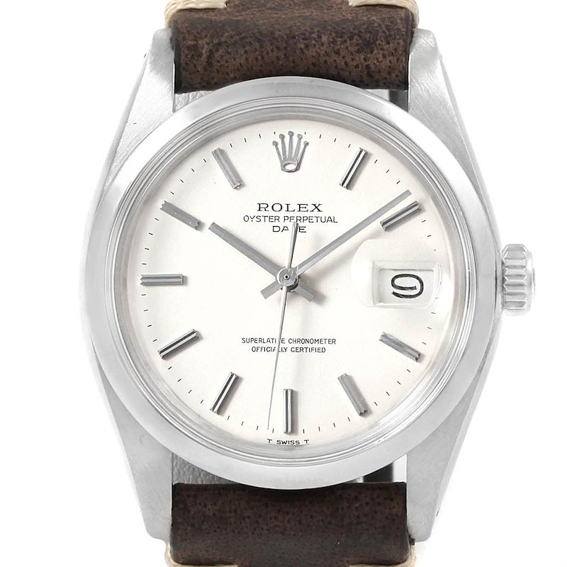 Rolex Date Smooth Bezel White Dial Steel Vintage Mens Watch 1500 SwissWatchExpo