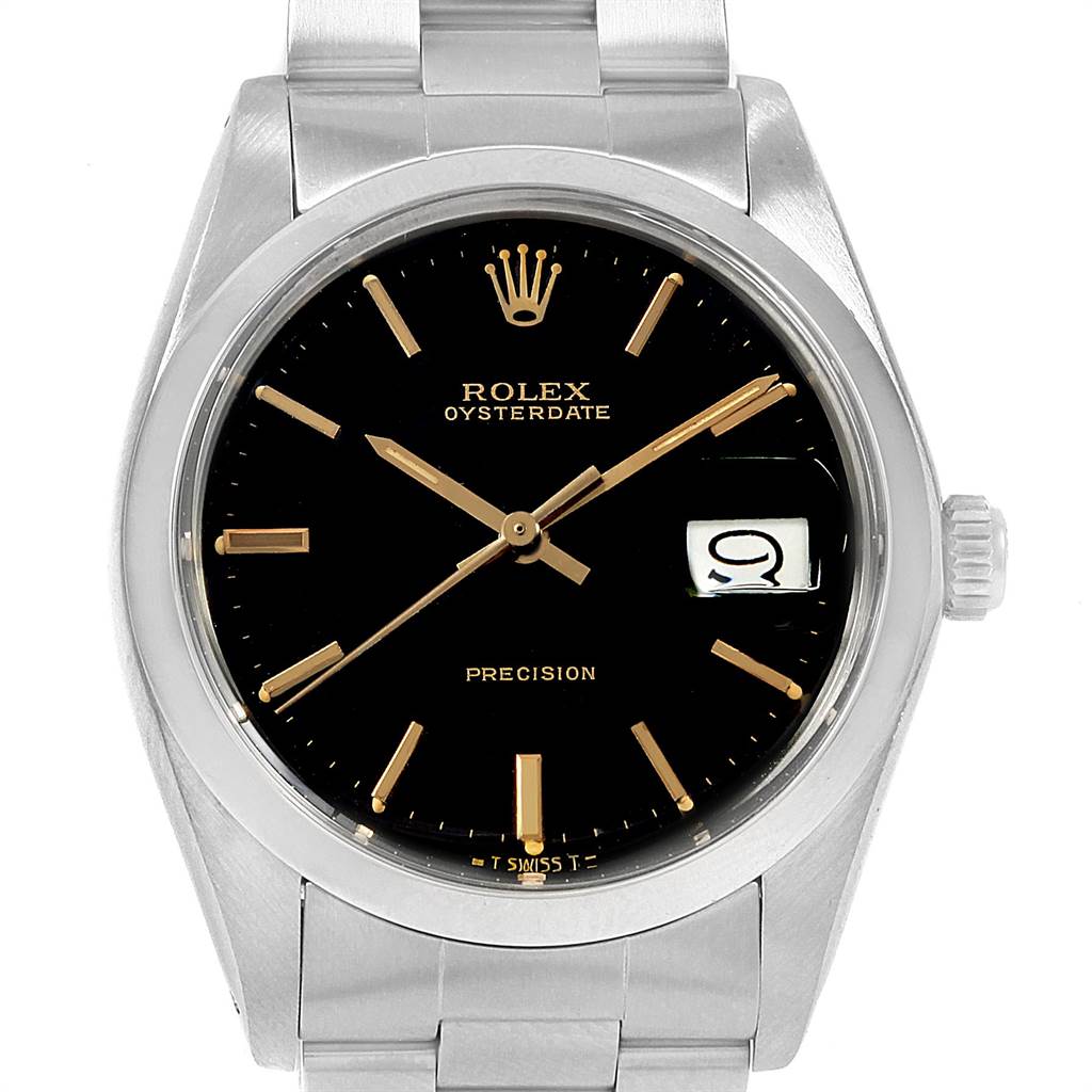 The image shows a front view of a Rolex Vintage Collection 6694 Men's Stainless Steel Black Dial 6694 Men's Stainless Steel Black Dial Oysterdate watch, displaying the dial, hands, crown, and bracelet.