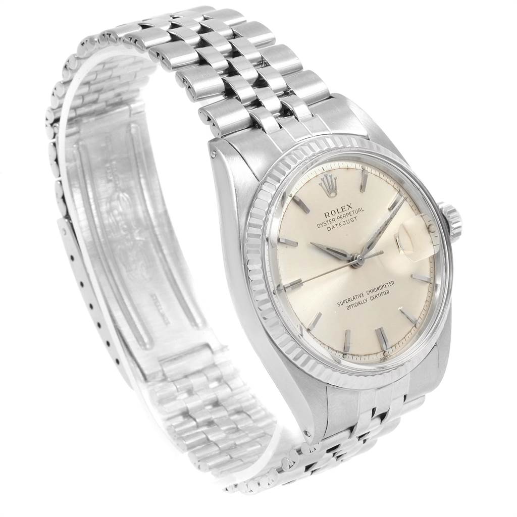 The image shows a Rolex Vintage Collection 1601 Men's Stainless Steel Silver Dial 1601 Men's Stainless Steel Silver Dial watch at a three-quarter angle, highlighting the dial, bracelet, and clasp.