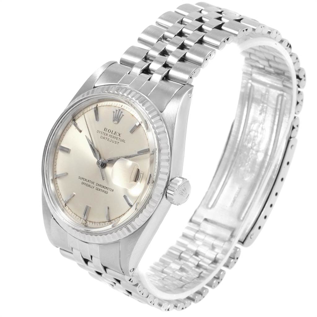 The image shows a Rolex Vintage Collection 1601 Men's Stainless Steel Silver Dial 1601 Men's Stainless Steel Silver Dial watch from an angled side view, highlighting its face, bezel, crown, and metal bracelet.
