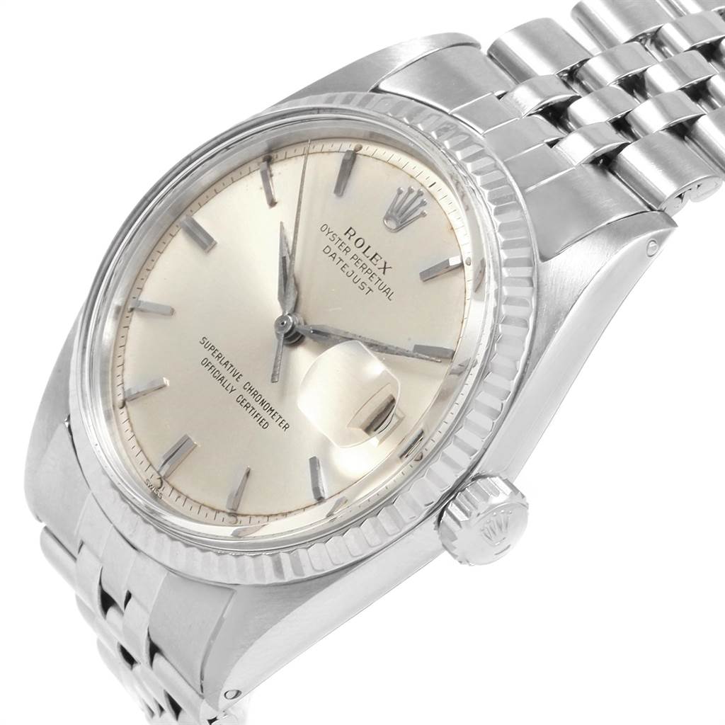 The image shows a Rolex Vintage Collection 1601 Men's Stainless Steel Silver Dial 1601 Men's Stainless Steel Silver Dial Datejust watch at a slight angle, highlighting the face, bezel, crown, and bracelet.