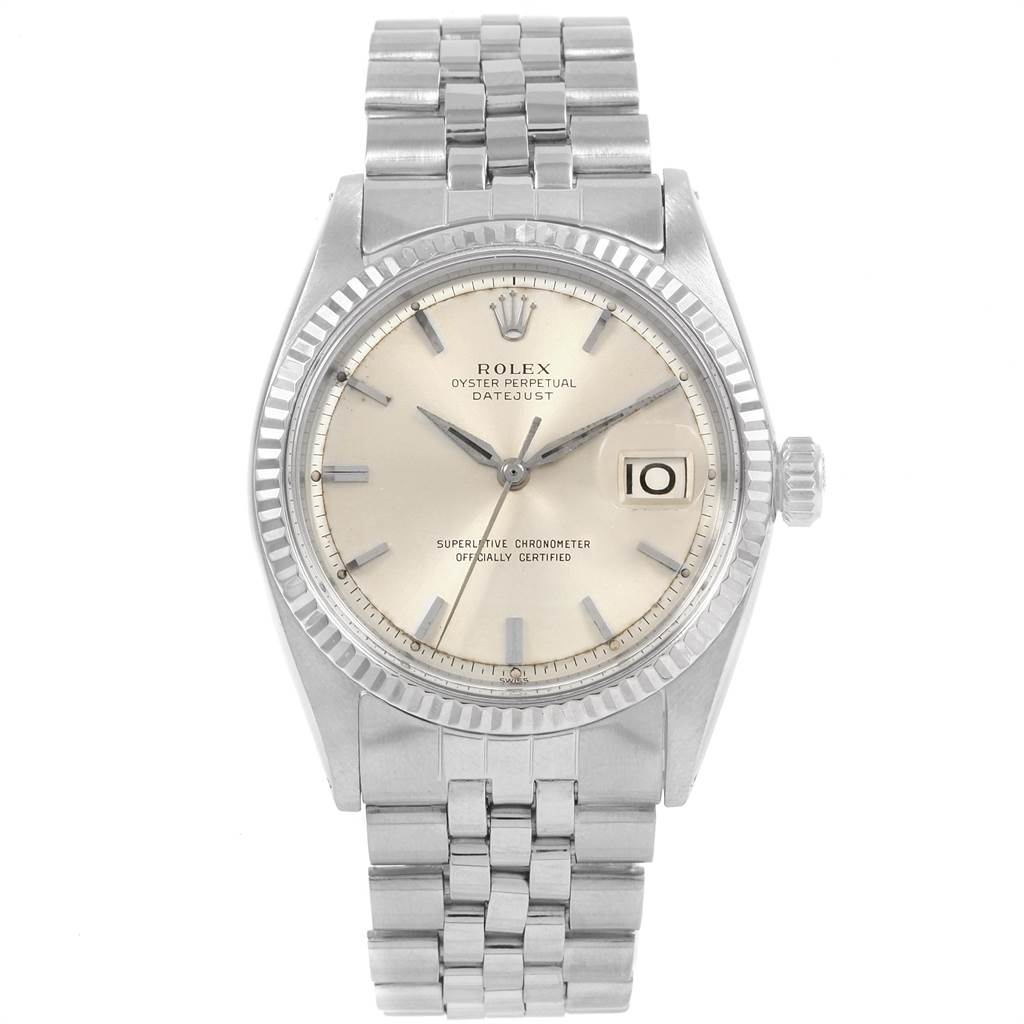 This is a front view of the Vintage Collection Rolex Oyster Perpetual Datejust, showing the dial, bezel, crown, and bracelet.