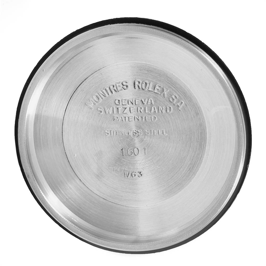 This image shows the inside of the case back of a Vintage Collection Rolex watch, model 1601.