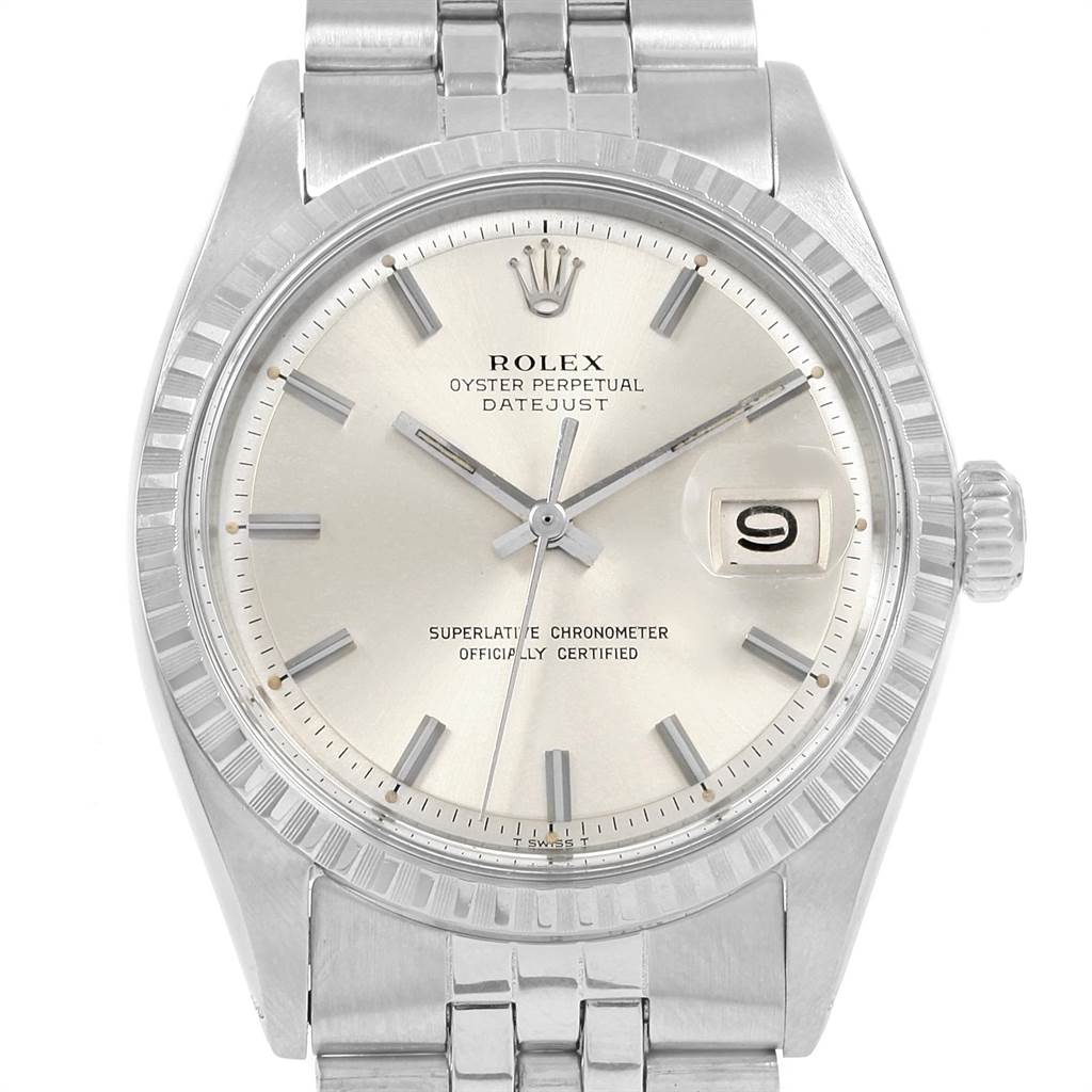 The image shows a frontal view of the Rolex Vintage Collection 1603 Men's Stainless Steel Silver Dial 1603 Men's Stainless Steel Silver Dial Oyster Perpetual Datejust watch, highlighting its face, bezel, and bracelet.