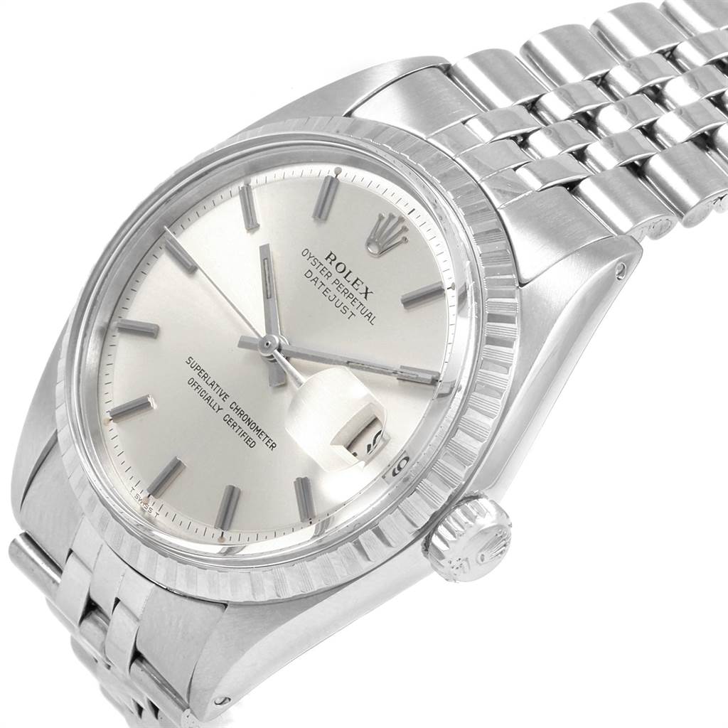 The image shows a close-up angle of the Rolex Vintage Collection 1603 Men's Stainless Steel Silver Dial 1603 Men's Stainless Steel Silver Dial Datejust, highlighting its face, bezel, and part of the bracelet.