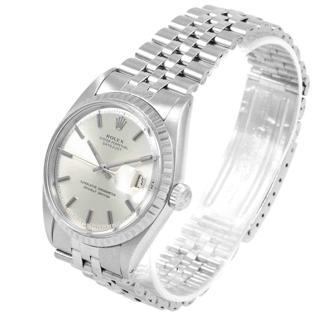 This image shows a Vintage Collection Rolex Oyster Perpetual Datejust watch at a three-quarter angle, displaying its face, crown, and bracelet.