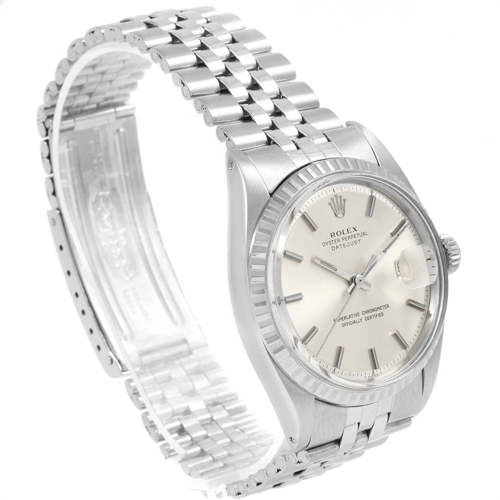 The image shows a side angle of the Rolex Vintage Collection 1603 Men's Stainless Steel Silver Dial 1603 Men's Stainless Steel Silver Dial model, highlighting its dial, hands, bezel, and metal bracelet.