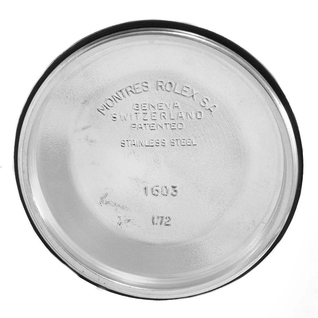 The image shows the inside of the back case of a Rolex Vintage Collection 1603 Men's Stainless Steel Silver Dial 1603 Men's Stainless Steel Silver Dial watch, displaying model number 1603 and manufacturing details.