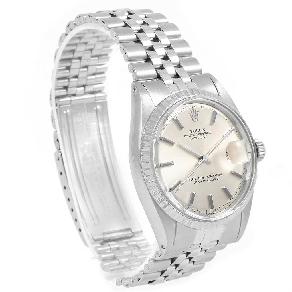 The image shows a Rolex Vintage Collection 1603 Men's Stainless Steel Silver Dial 1603 Men's Stainless Steel Silver Dial watch from a three-quarter angle, displaying the dial, bezel, and open bracelet.