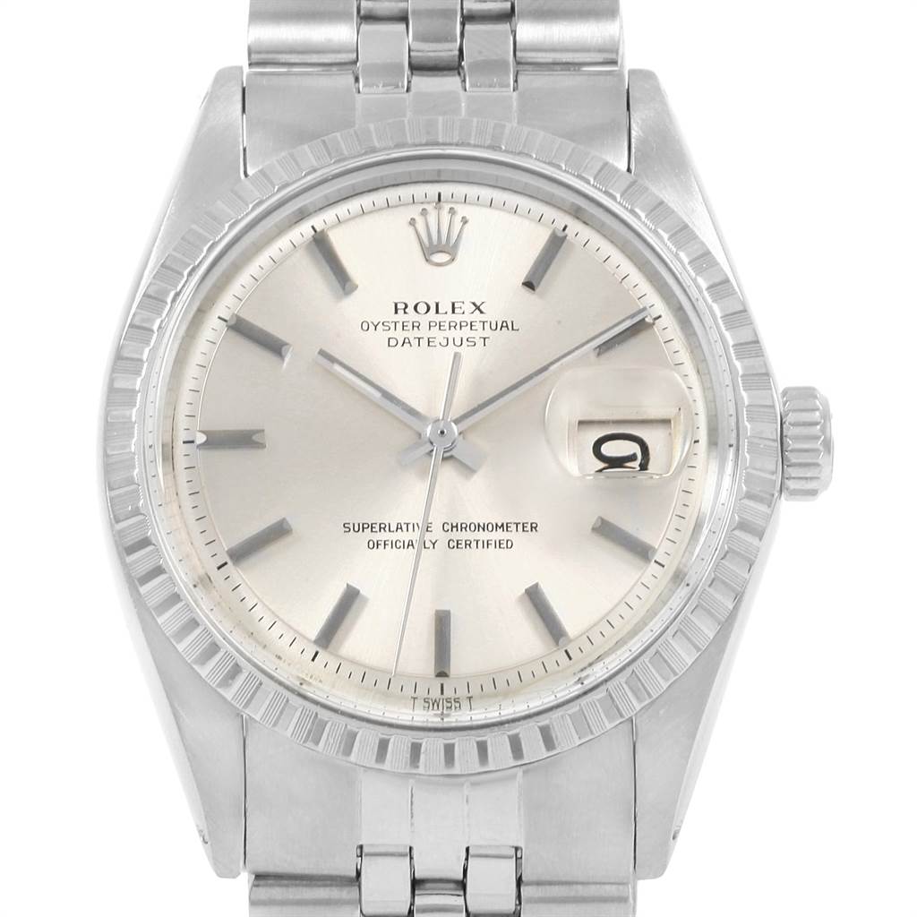 The image shows a close-up view of the Rolex Vintage Collection 1603 Men's Stainless Steel Silver Dial 1603 Men's Stainless Steel Silver Dial Datejust watch, highlighting its face, bezel, case, and part of the bracelet.