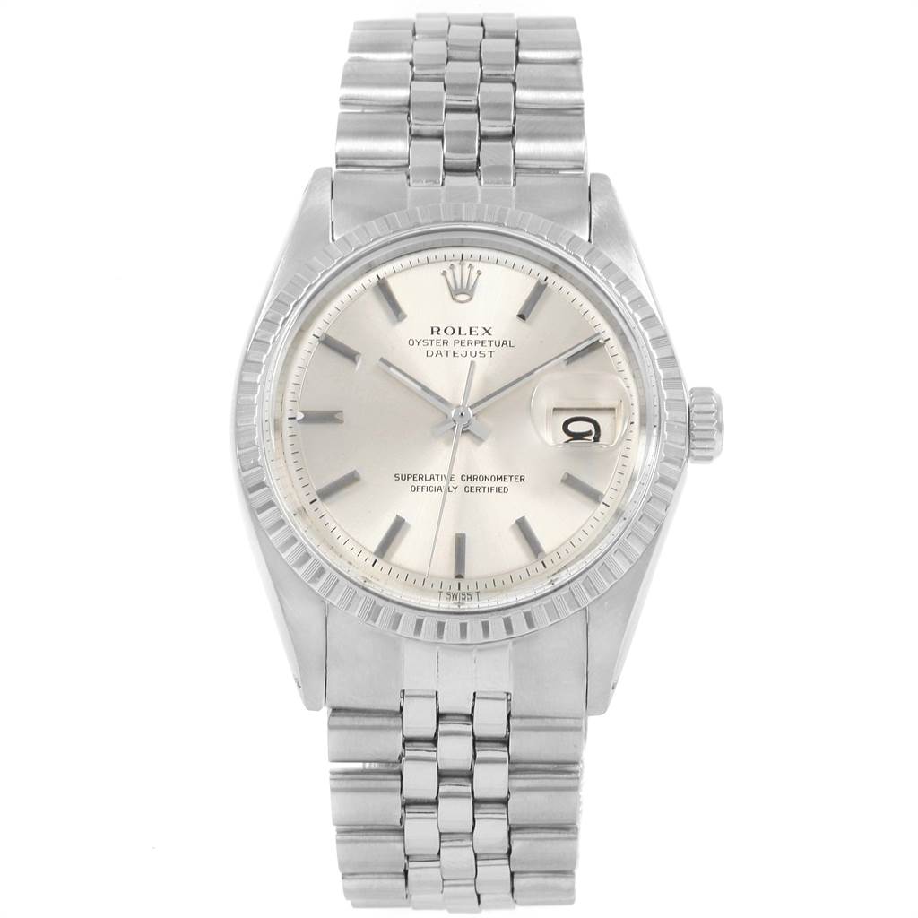 The image shows the front view of the Rolex Vintage Collection 1603 Men's Stainless Steel Silver Dial 1603 Men's Stainless Steel Silver Dial Oyster Perpetual Datejust watch, displaying the dial, hands, and bracelet.