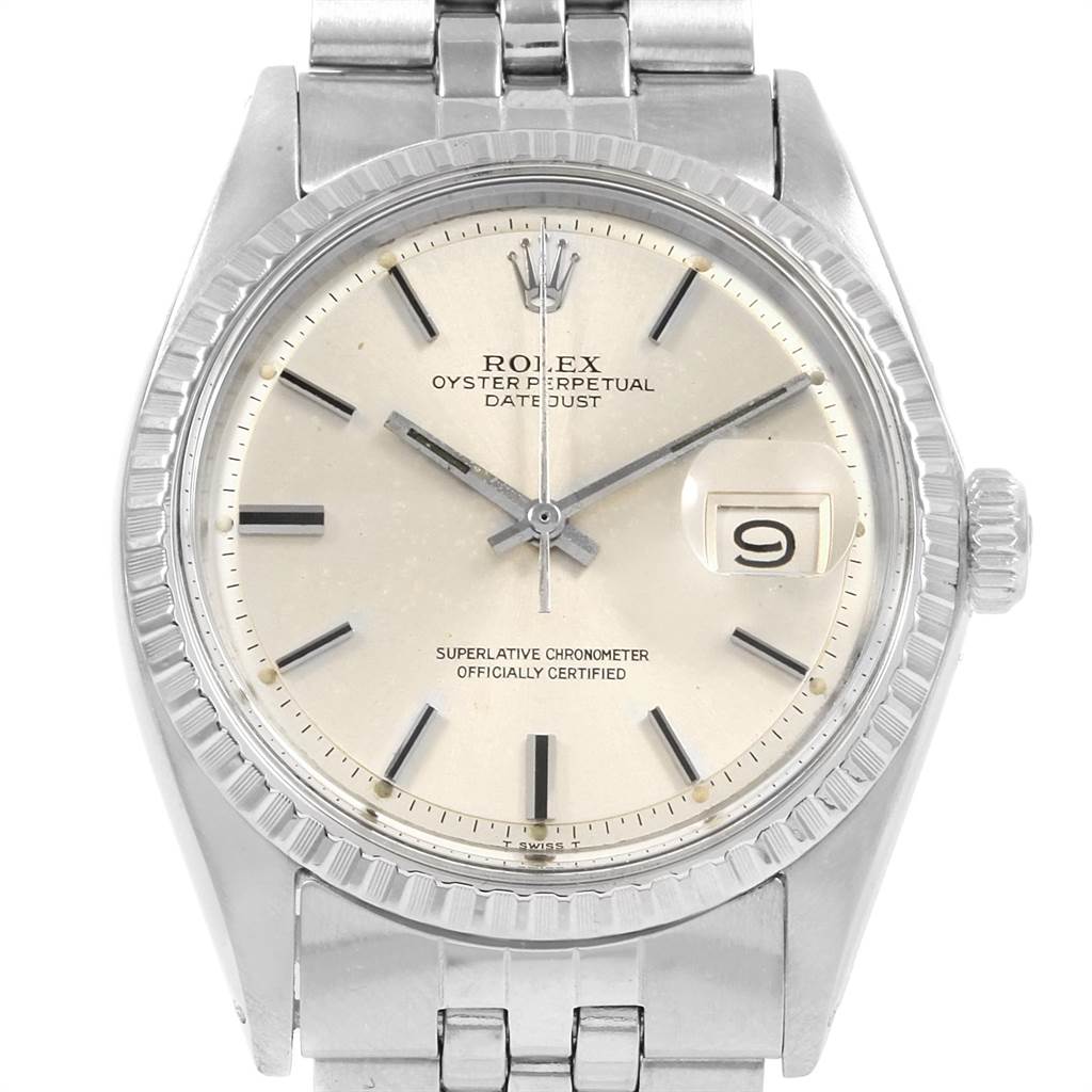 This image shows a frontal view of the Rolex Vintage Collection 1603 Men's Stainless Steel Silver Dial 1603 Men's Stainless Steel Silver Dial Datejust watch, displaying the dial, bezel, crown, and part of the bracelet.
