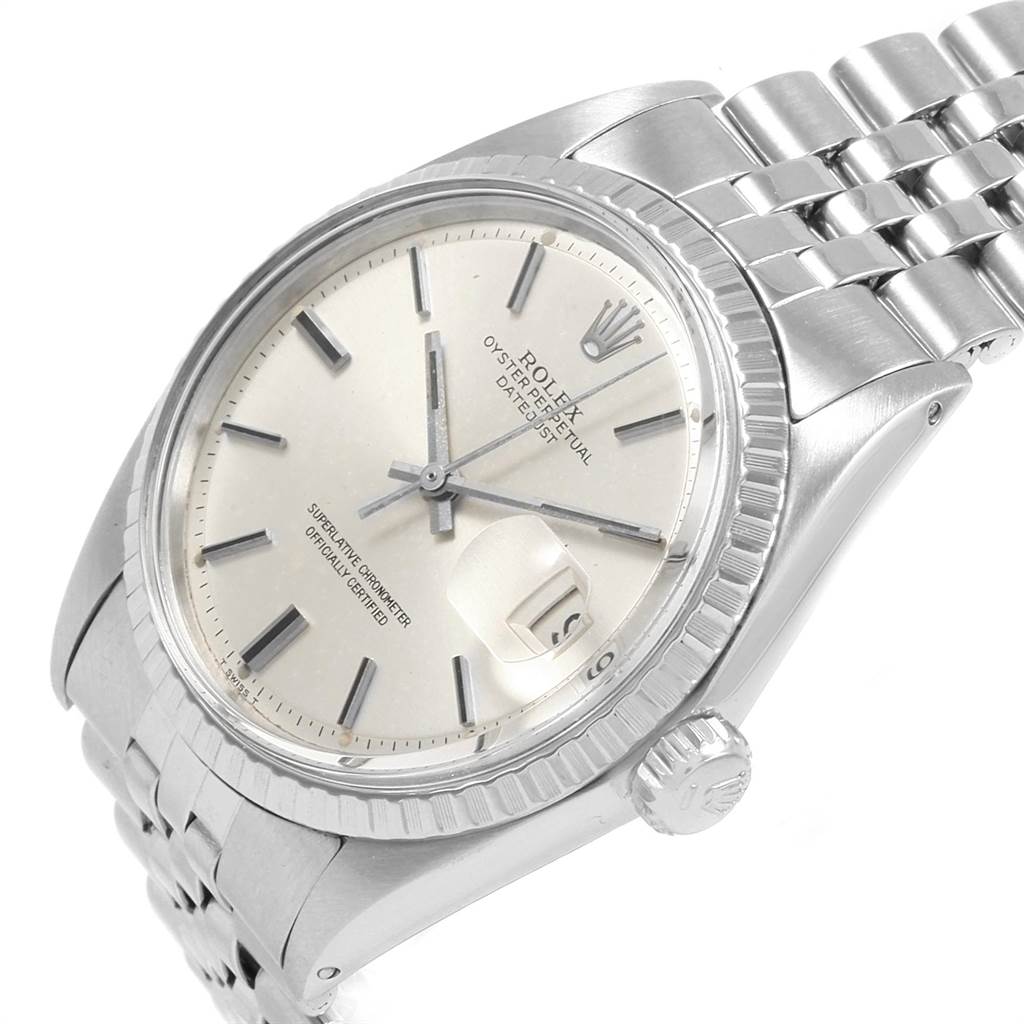 The image shows a close-up, angled view of the face and band of a Rolex Vintage Collection 1603 Men's Stainless Steel Silver Dial 1603 Men's Stainless Steel Silver Dial Oyster Perpetual Datejust watch.