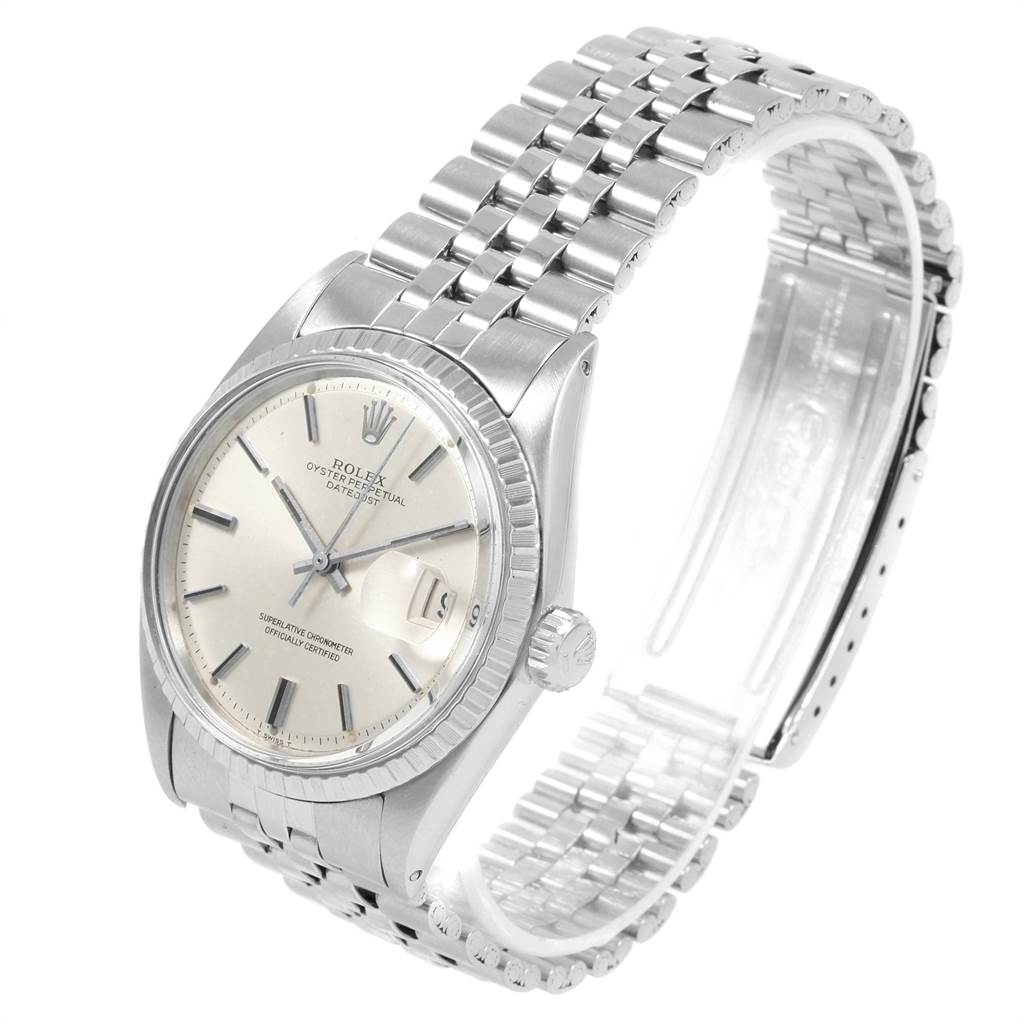 This image shows a Rolex Vintage Collection 1603 Men's Stainless Steel Silver Dial 1603 Men's Stainless Steel Silver Dial watch from a three-quarter angle, highlighting the dial, crown, and bracelet.