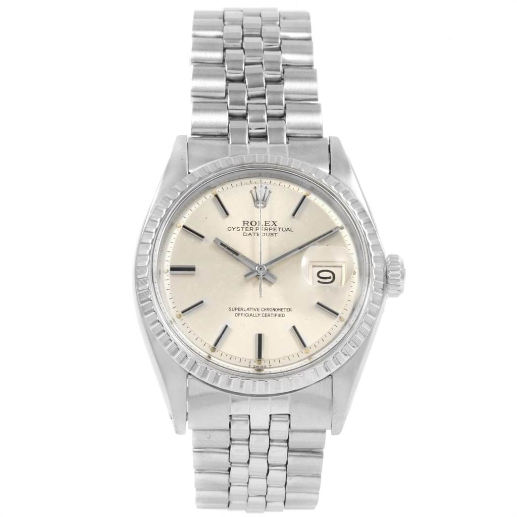 The image shows a front view of a Rolex Vintage Collection 1603 Men's Stainless Steel Silver Dial 1603 Men's Stainless Steel Silver Dial watch, featuring its face, bezel, and bracelet.