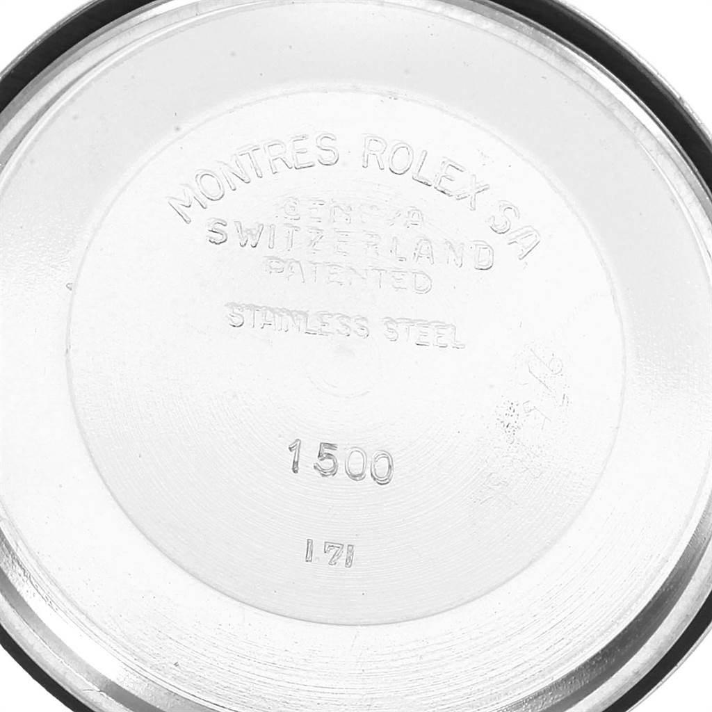 This image shows the inner case back of a Rolex Vintage Collection 1500 Men's Stainless Steel Silver Dial 1500 Men's Stainless Steel Silver Dial model, displaying engravings like "Montres Rolex SA" and model number "1500".